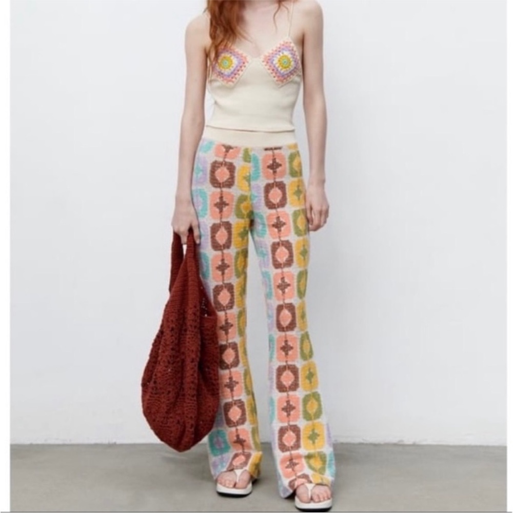 Zara Pastel Multicolor Patterned Boot Cut Pants - Picture 3 of 16